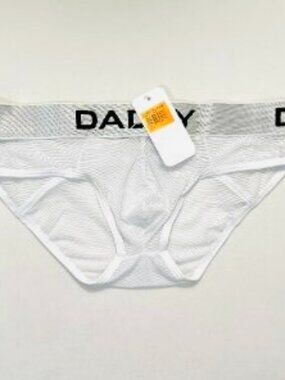 DADDY Size "M"  Sheer Mesh Polyamide Blend Center Seam Brief - White/Silver